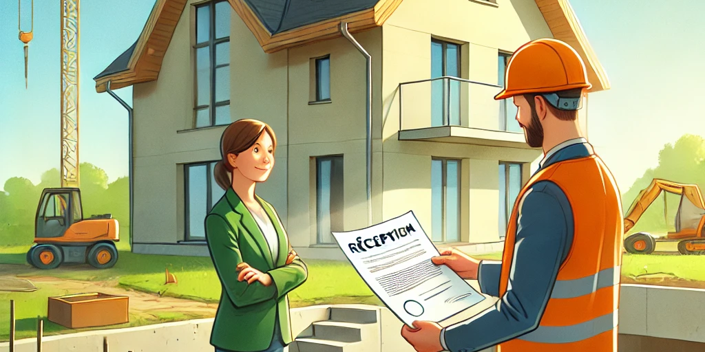 DALL·E 2024-10-10 13.43.46 – An illustration of a construction site handover. A newly built house with a basement is being inspected. A person in a hard hat hands over a document