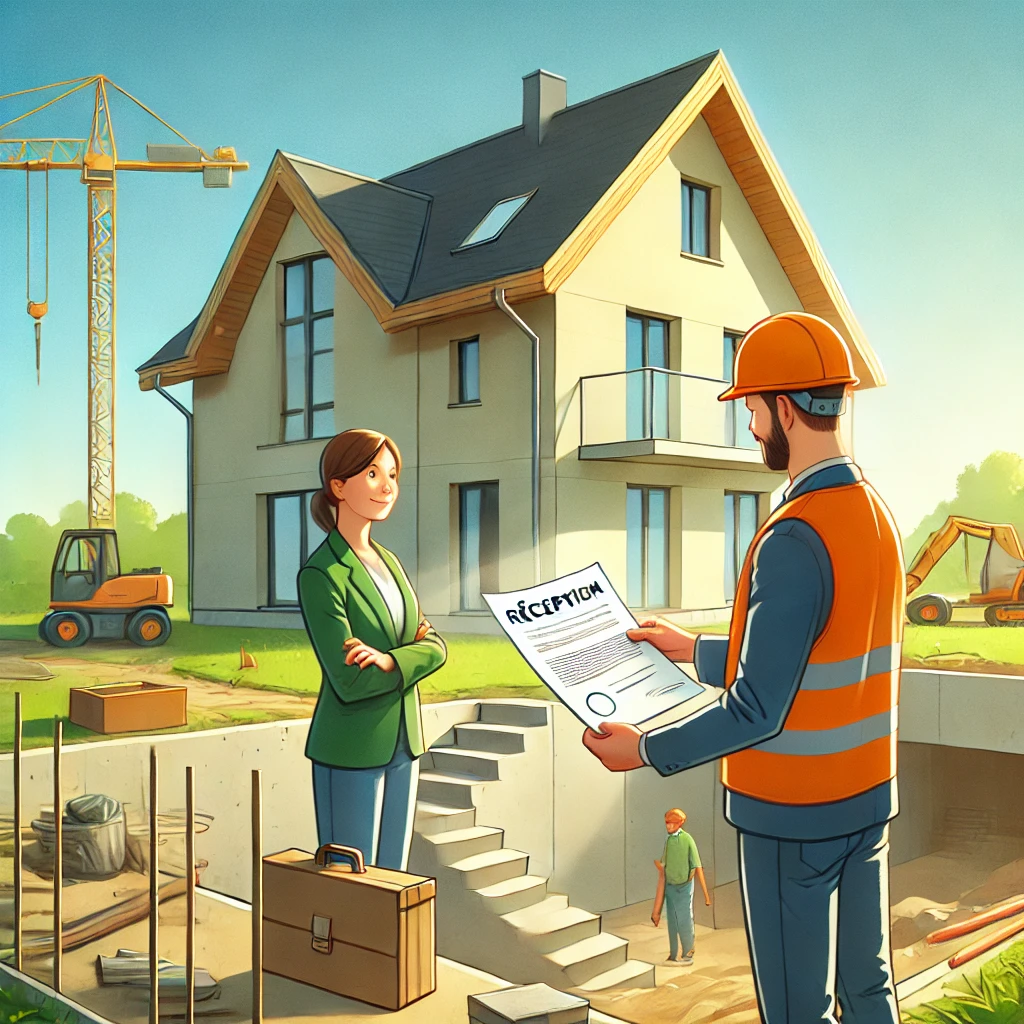 DALL·E 2024-10-10 13.43.46 – An illustration of a construction site handover. A newly built house with a basement is being inspected. A person in a hard hat hands over a document