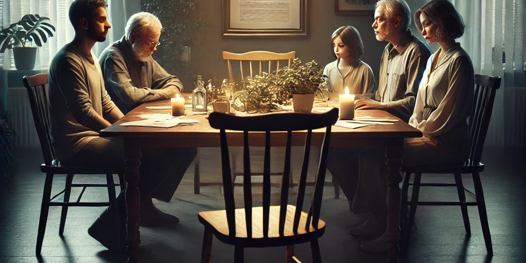 DALL·E 2024-10-11 13.52.12 – A somber scene of a family sitting around a dining table, with an empty chair representing a missing family member. The atmosphere is reflective and e