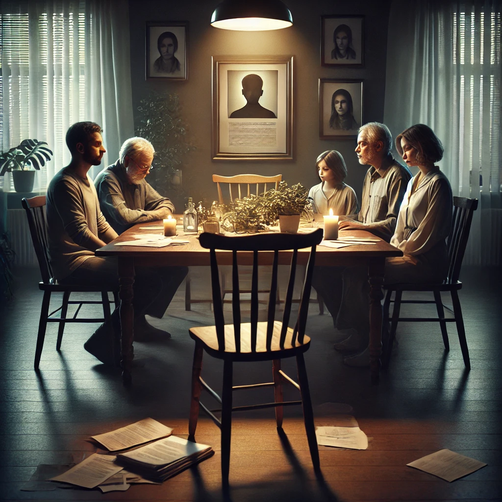 DALL·E 2024-10-11 13.52.12 – A somber scene of a family sitting around a dining table, with an empty chair representing a missing family member. The atmosphere is reflective and e