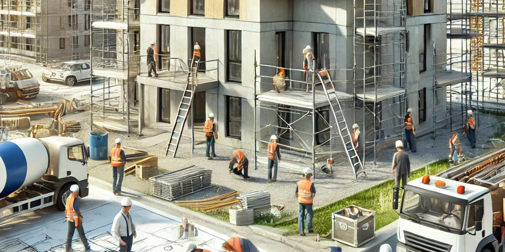 DALL·E 2024-11-03 21.10.42 – An active construction site for a house or apartment building, with workers wearing helmets, blueprints visible, and construction equipment like cr (1)