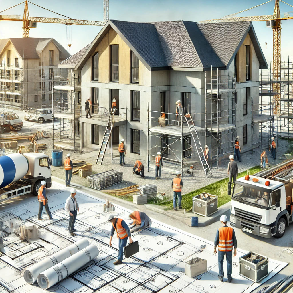 DALL·E 2024-11-03 21.10.42 – An active construction site for a house or apartment building, with workers wearing helmets, blueprints visible, and construction equipment like cr (1)
