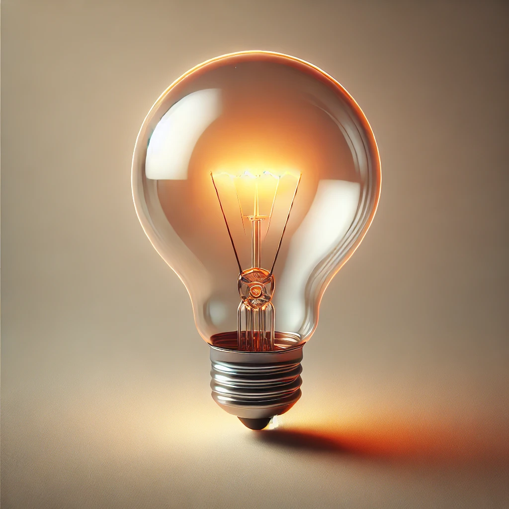 DALL·E 2024-11-11 08.38.09 – A large, realistic light bulb glowing warmly, symbolizing ideas, understanding, and empathy. The bulb is clear with a warm glow inside, floating on a legal design