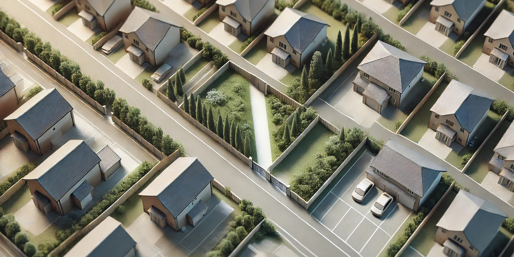 DALL·E 2024-11-25 13.32.56 – A top-down view of a residential neighborhood plan, showing a layout of houses with gardens and driveways. The focus is on a narrow passage between (1)