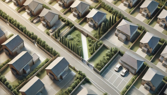 DALL·E 2024-11-25 13.32.56 – A top-down view of a residential neighborhood plan, showing a layout of houses with gardens and driveways. The focus is on a narrow passage between (1)
