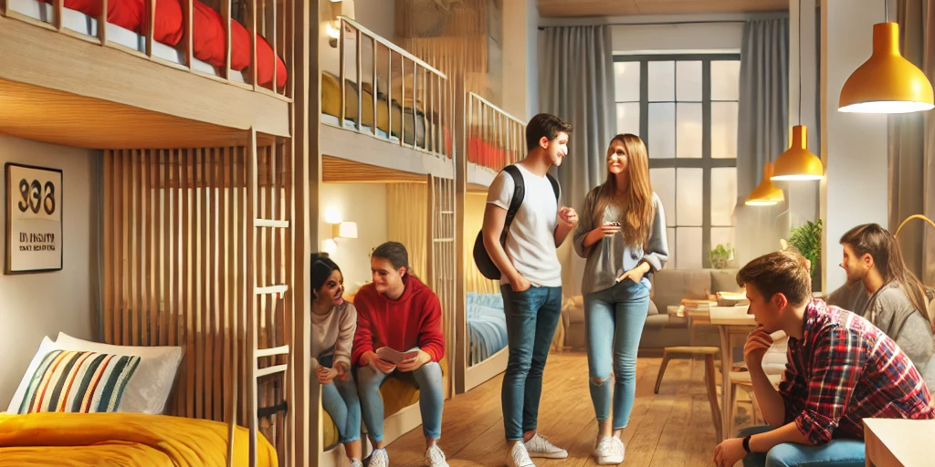 DALL·E 2024-12-03 05.49.35 – A modern and well-lit dormitory in a youth hostel, featuring neatly arranged bunk beds with colorful bedding, warm and welcoming tones, and a cozy com augerge de jeunesse classement erp