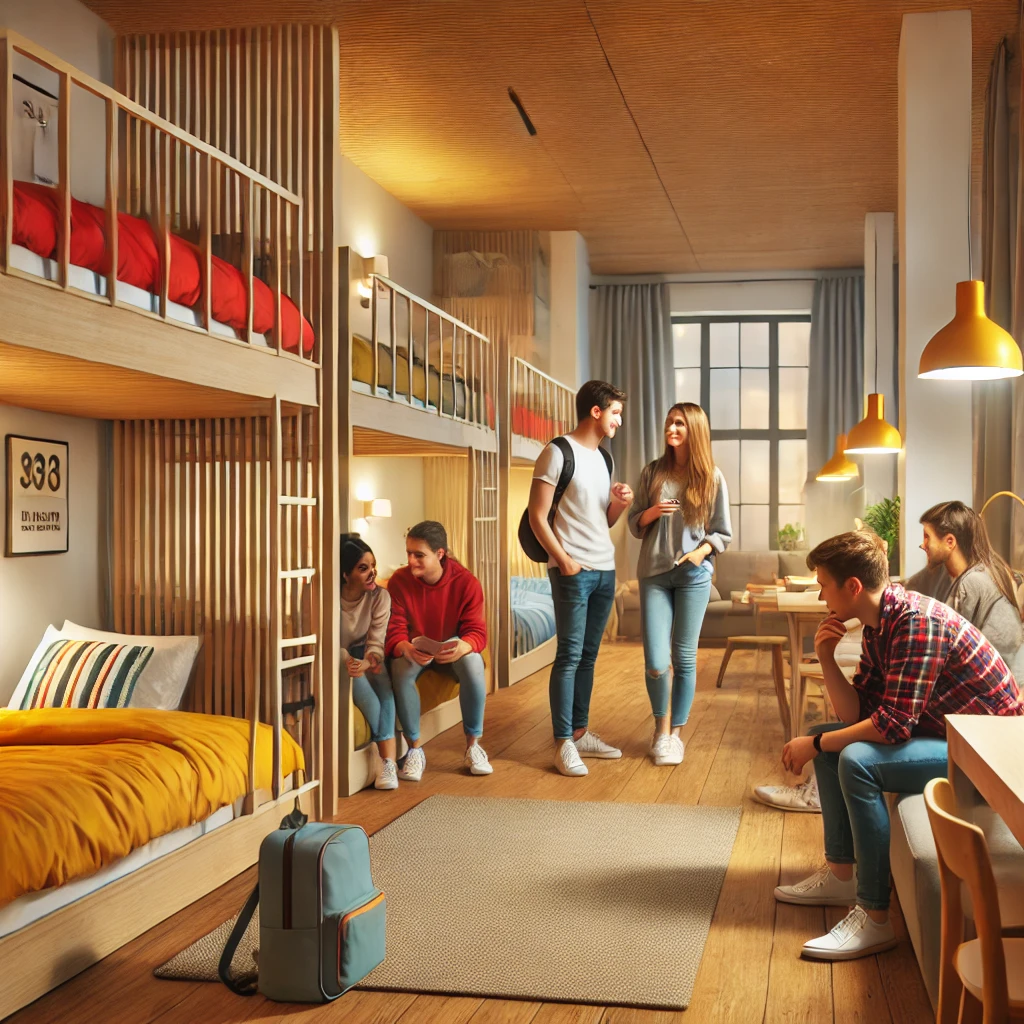 DALL·E 2024-12-03 05.49.35 – A modern and well-lit dormitory in a youth hostel, featuring neatly arranged bunk beds with colorful bedding, warm and welcoming tones, and a cozy com augerge de jeunesse classement erp