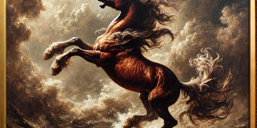 DALL·E 2024-12-18 17.09.53 – An oil painting inspired by Théodore Géricault’s style, depicting a dramatic and dynamic scene. The artwork features a powerful and majestic horse (1)