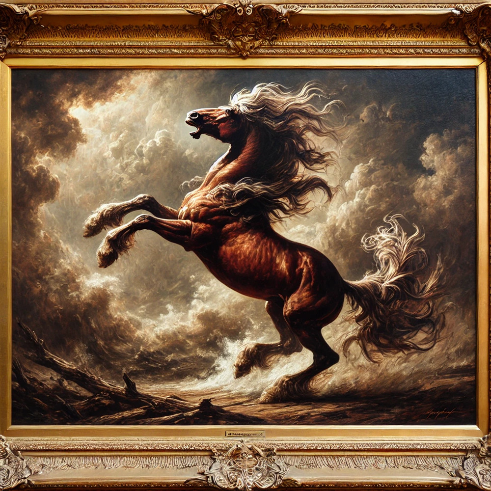 DALL·E 2024-12-18 17.09.53 – An oil painting inspired by Théodore Géricault’s style, depicting a dramatic and dynamic scene. The artwork features a powerful and majestic horse (1)