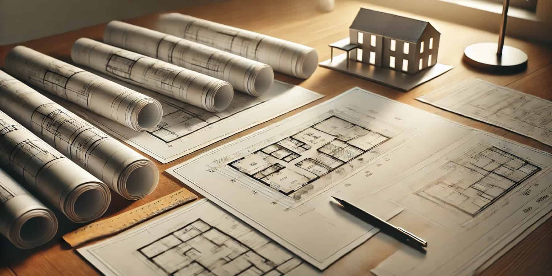 DALL·E 2025-01-13 15.05.59 – A simple and professional scene of architectural plans spread out on a wooden table. The plans are detailed, showing blueprints of a modern residentia ImpayĂ©
