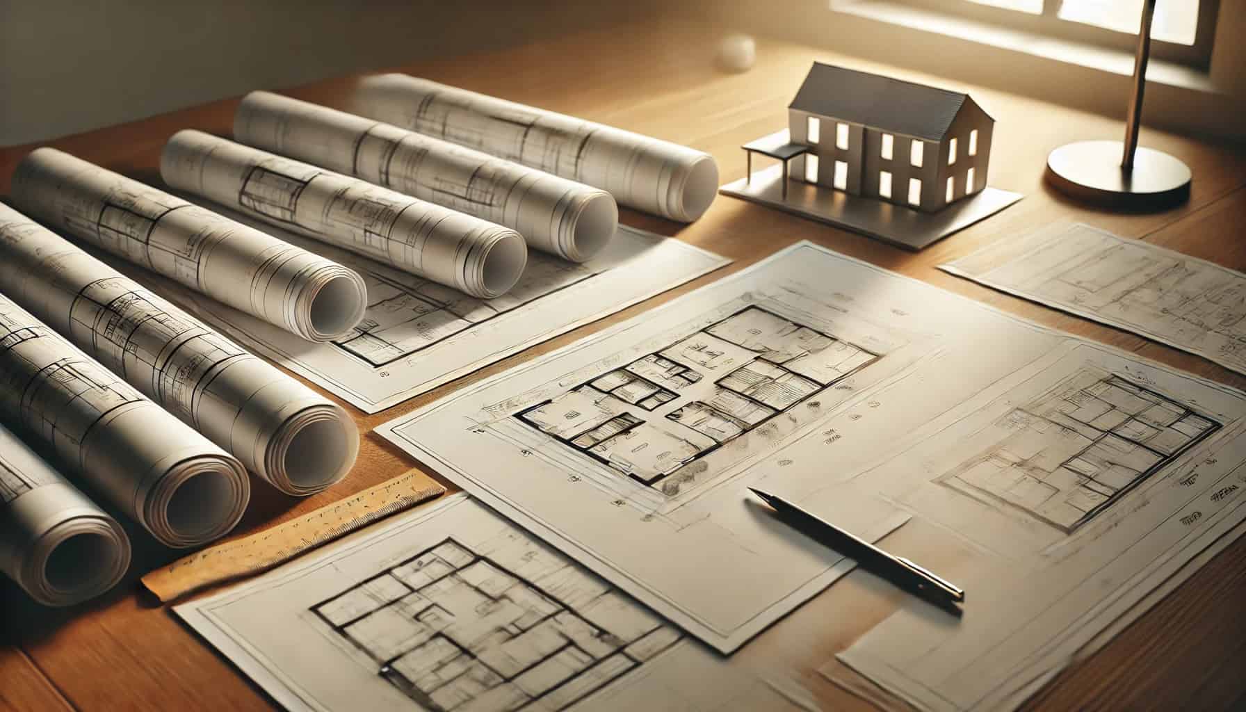 DALL·E 2025-01-13 15.05.59 – A simple and professional scene of architectural plans spread out on a wooden table. The plans are detailed, showing blueprints of a modern residentia Impayé