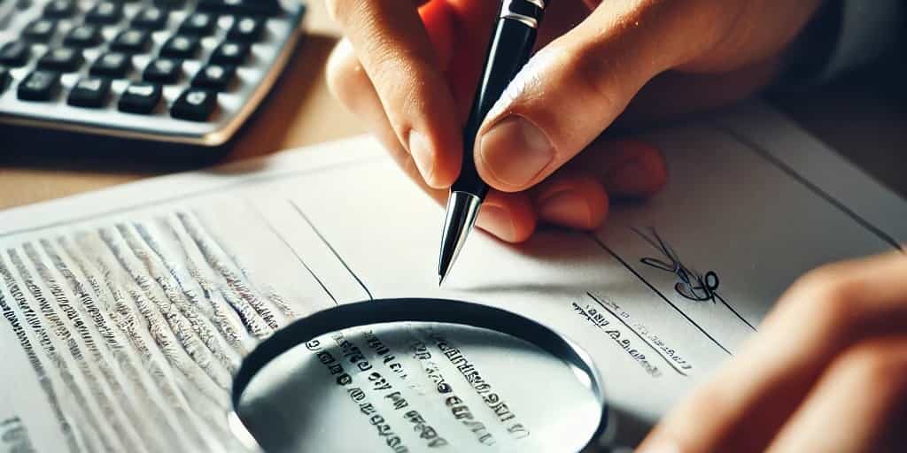 DALL·E 2025-02-07 09.44.38 – A close-up of a person’s hand signing a contract or estimate document with a pen. A magnifying glass is placed over the document, emphasizing the fine