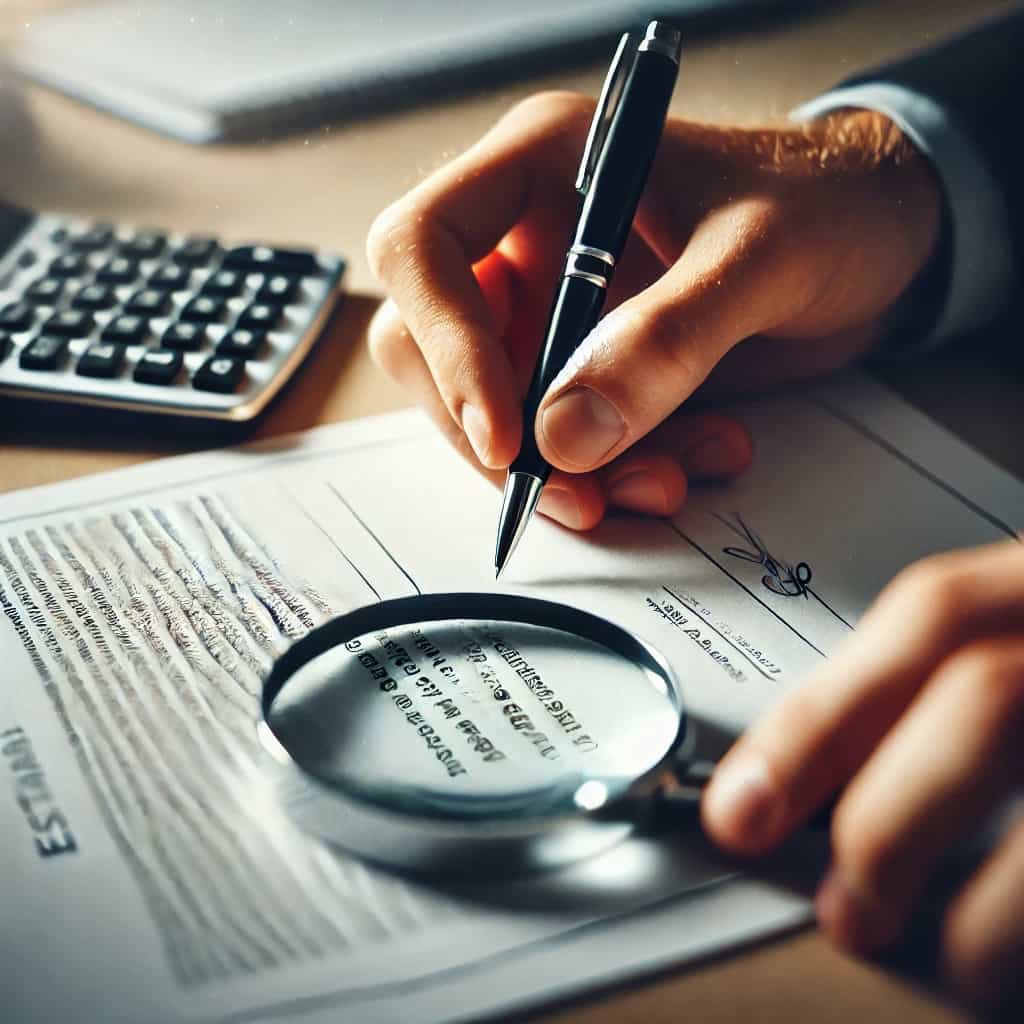 DALL·E 2025-02-07 09.44.38 – A close-up of a person’s hand signing a contract or estimate document with a pen. A magnifying glass is placed over the document, emphasizing the fine