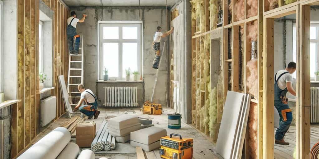 DALL·E 2025-02-24 11.49.27 – A realistic image of a single apartment undergoing major renovation. The room is partially stripped, with exposed walls and insulation being installed conge pour travaux