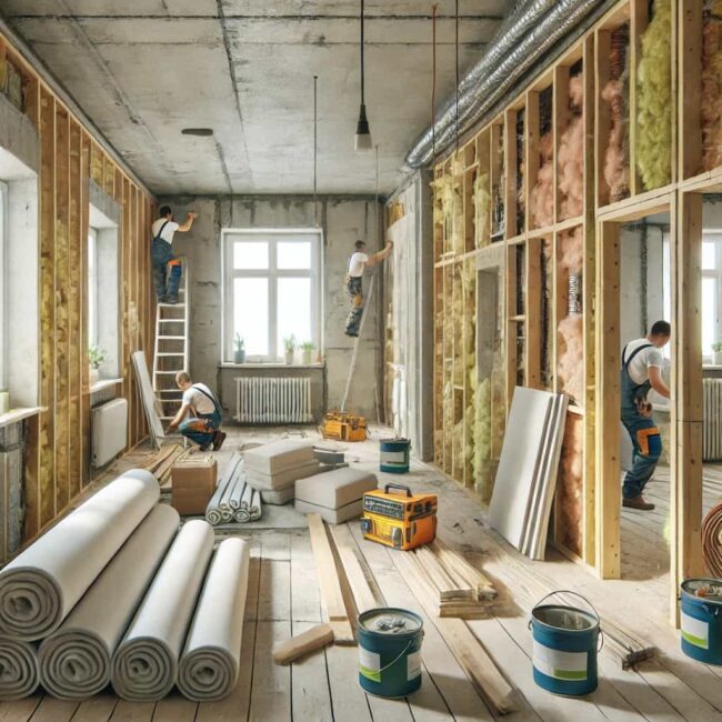 DALL·E 2025-02-24 11.49.27 – A realistic image of a single apartment undergoing major renovation. The room is partially stripped, with exposed walls and insulation being installed conge pour travaux