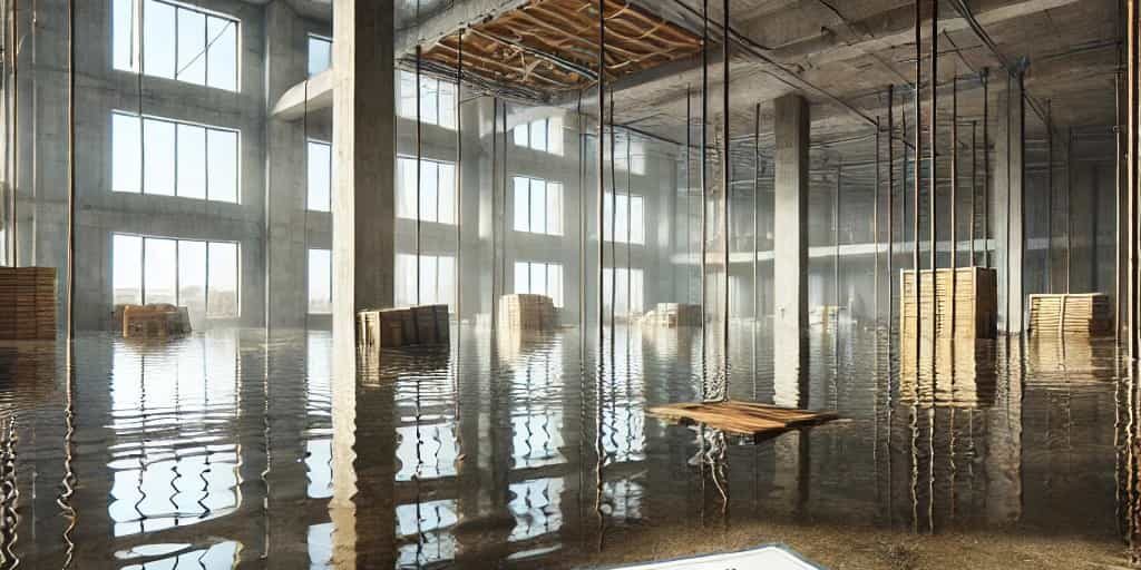DALL·E 2025-02-24 13.06.35 – A construction site with a flooded basement, showing stagnant water covering the floor. The scene is realistic, with visible construction materials an Inondation