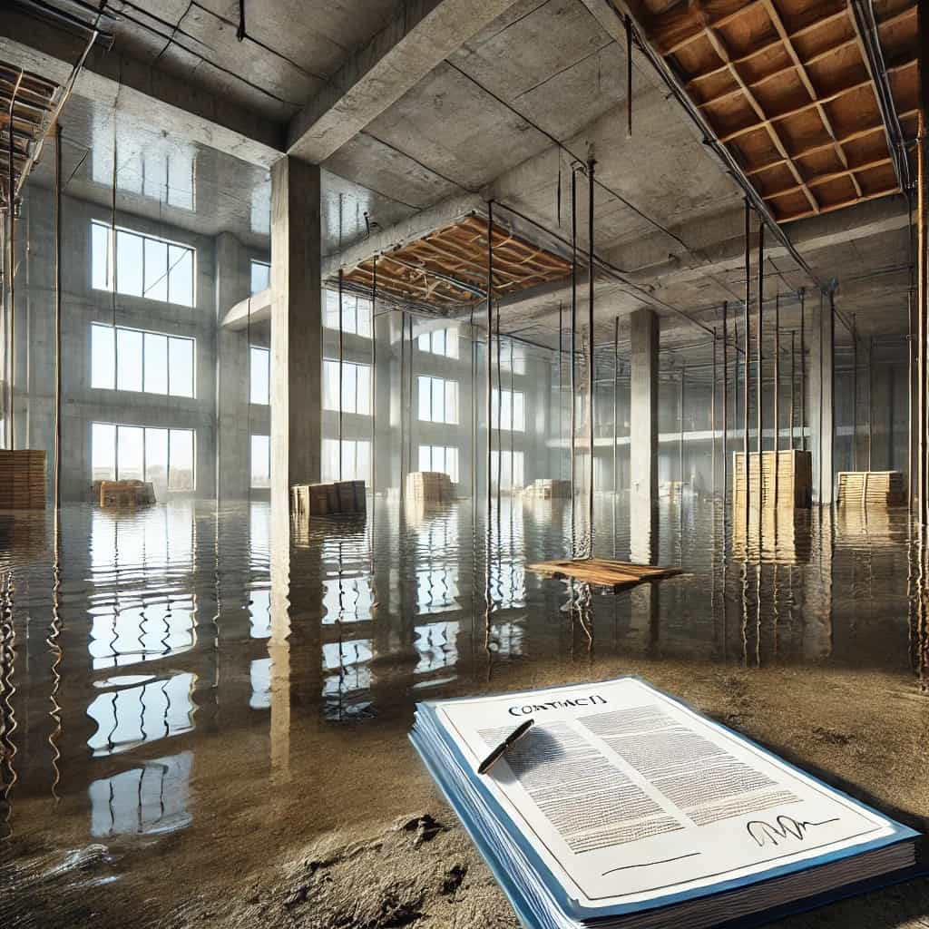 DALL·E 2025-02-24 13.06.35 – A construction site with a flooded basement, showing stagnant water covering the floor. The scene is realistic, with visible construction materials an Inondation