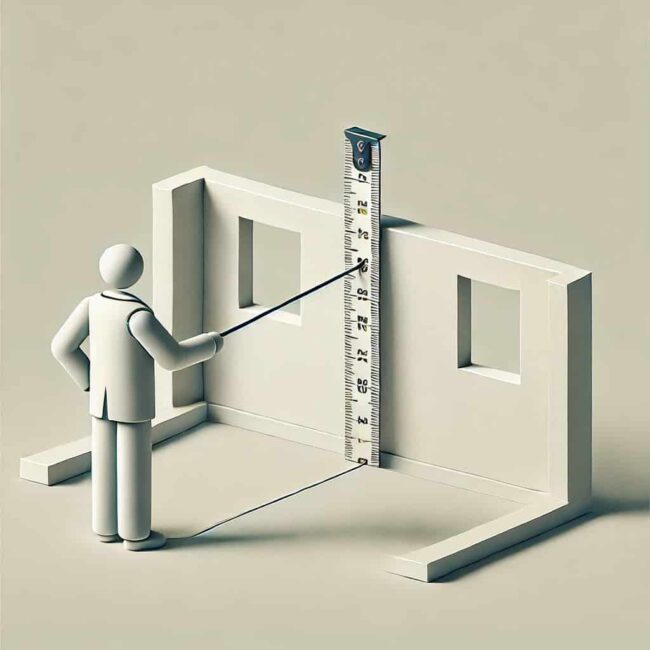 DALL·E 2025-03-14 16.30.52 – A simple, minimalistic illustration of an architect or building inspector pointing at a structural wall with a measuring tape, symbolizing a structura
