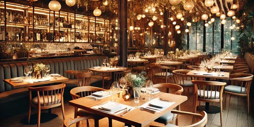 DALL·E 2025-03-19 20.14.35 – Un restaurant moderne et élégant avec des tables bien dressées, une ambiance chaleureuse et une lumière tamisée. L’intérieur est accueillant avec d (1)