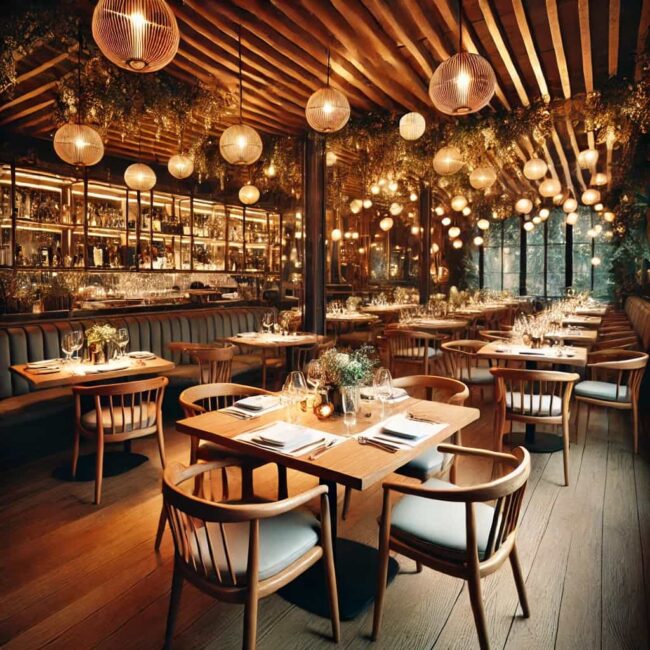 DALL·E 2025-03-19 20.14.35 – Un restaurant moderne et élégant avec des tables bien dressées, une ambiance chaleureuse et une lumière tamisée. L’intérieur est accueillant avec d (1)