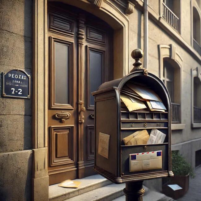 DALL·E 2025-03-25 19.52.18 – A realistic image of a French apartment entrance with a slightly overflowing mailbox. The mailbox contains a few unopened letters and official-look (1) lmpayés de location