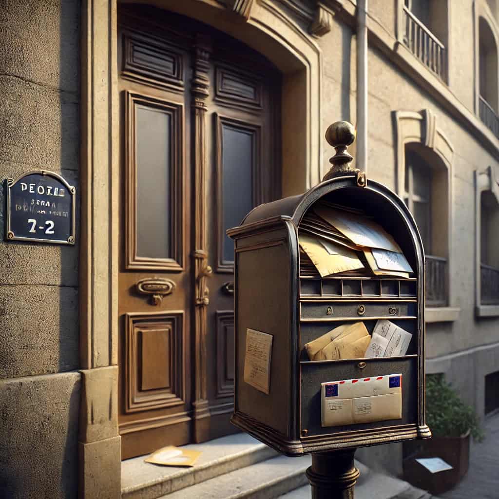 DALL·E 2025-03-25 19.52.18 – A realistic image of a French apartment entrance with a slightly overflowing mailbox. The mailbox contains a few unopened letters and official-look (1) lmpayés de location
