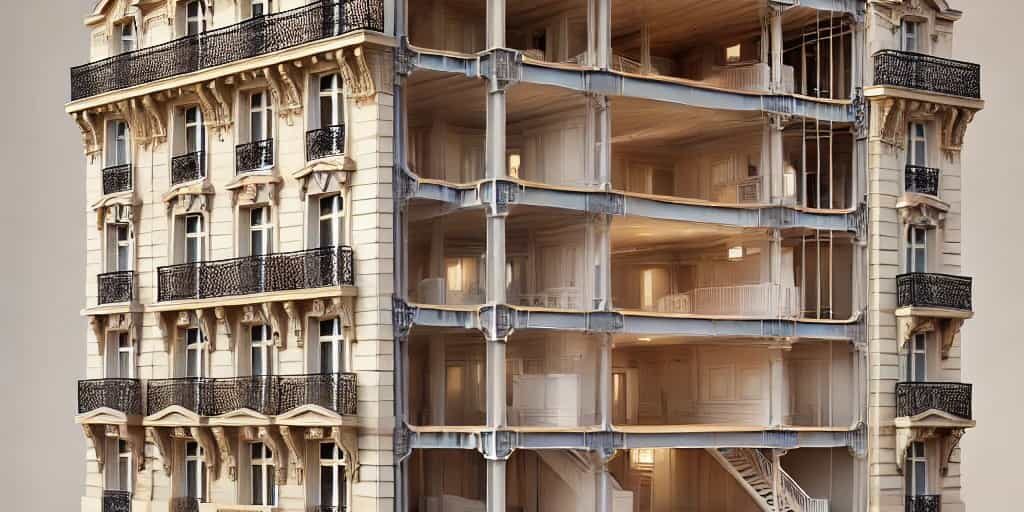DALL·E 2025-04-07 09.27.41 – A clean and realistic illustration of a Haussmann-style Parisian building shown in cutaway view, depicting two vertically stacked floors. On the upper
