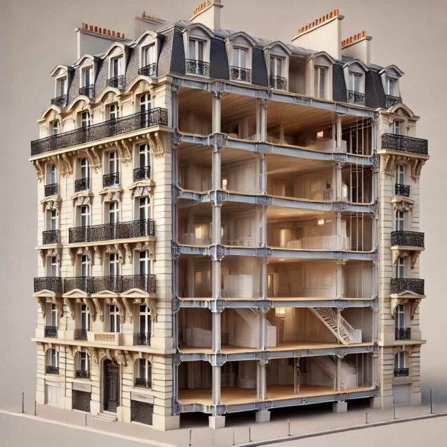 DALL·E 2025-04-07 09.27.41 – A clean and realistic illustration of a Haussmann-style Parisian building shown in cutaway view, depicting two vertically stacked floors. On the upper