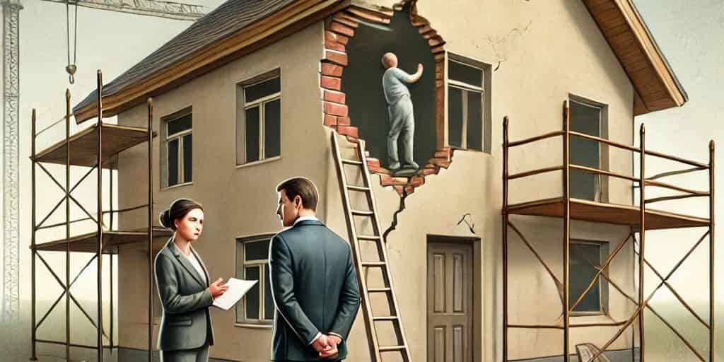 DALL·E 2025-04-16 18.12.51 – A symbolic image representing construction disputes_ a partially built house or building site, with visible construction issues like cracks or unfinis