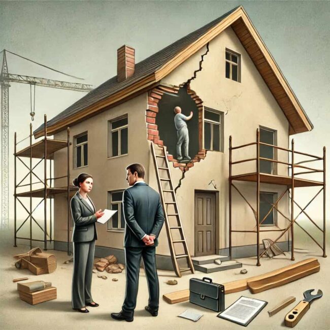 DALL·E 2025-04-16 18.12.51 – A symbolic image representing construction disputes_ a partially built house or building site, with visible construction issues like cracks or unfinis