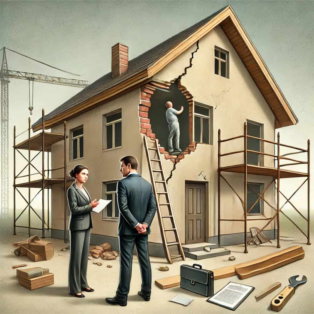 DALL·E 2025-04-16 18.12.51 – A symbolic image representing construction disputes_ a partially built house or building site, with visible construction issues like cracks or unfinis