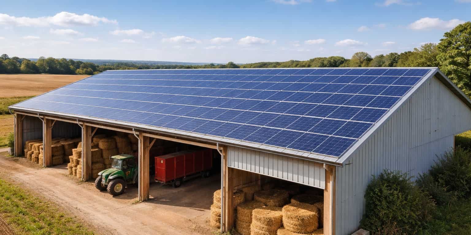 Grange avec panneaux solaires et ballots de foin